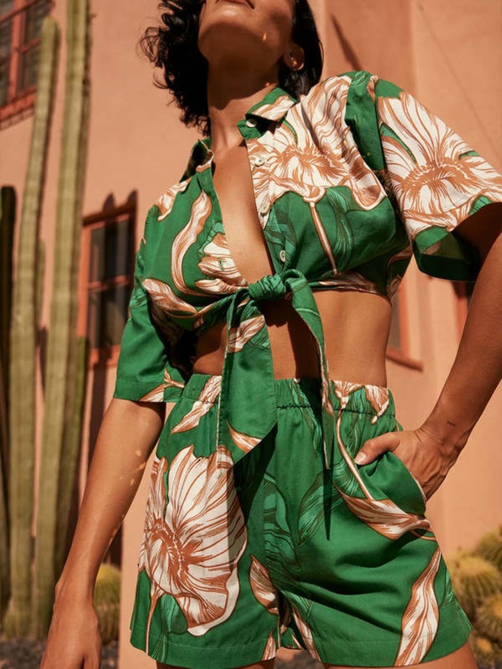MISA Los Angeles New ! Green Floral Tie-Front Crop Top